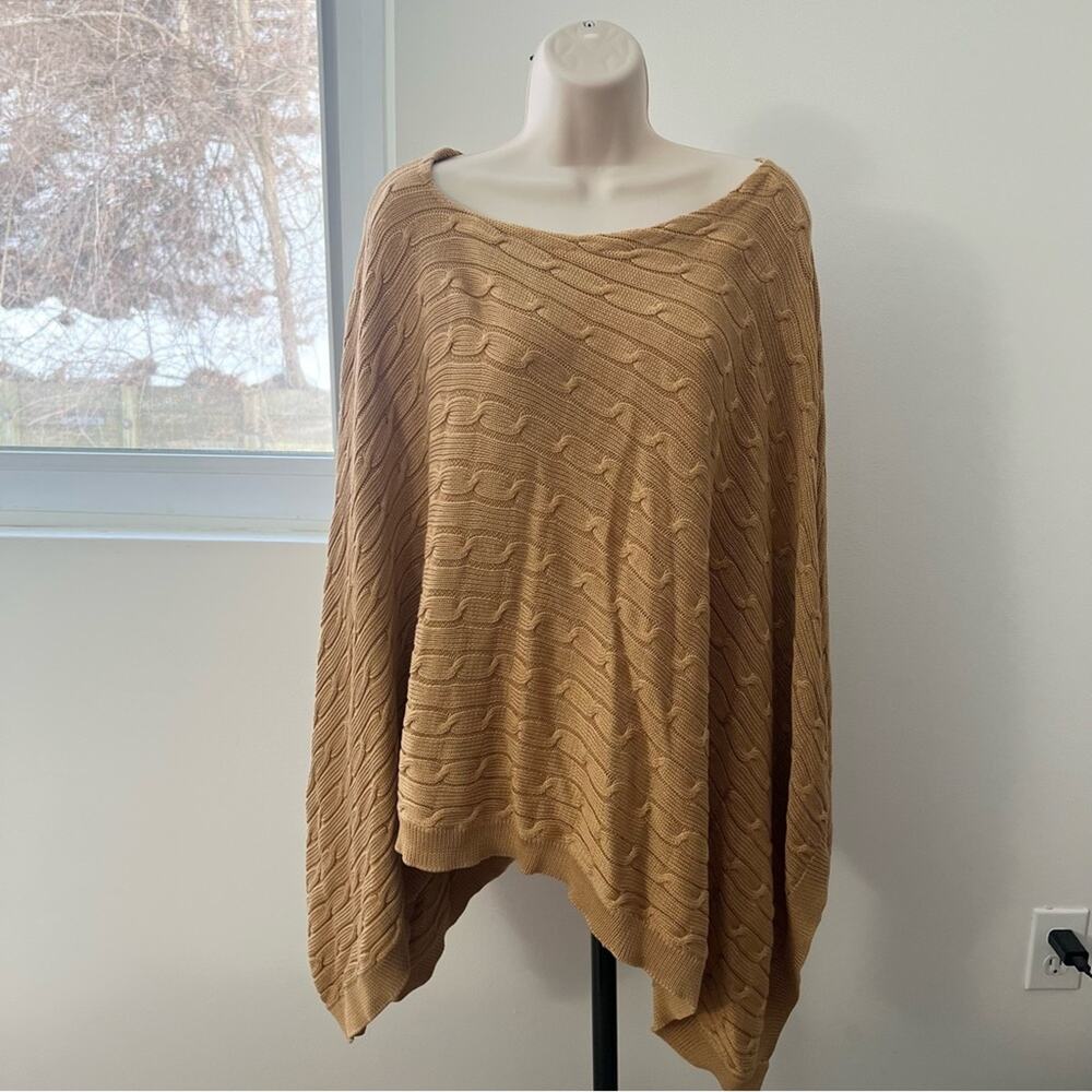Ralph Lauren Cable Knit Poncho Sweater Camel M/L Boat Neck 100% Cotton